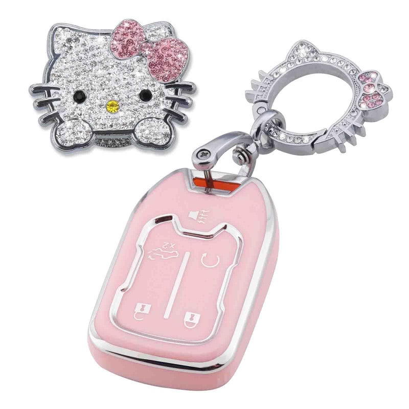 Pangpai Pink Car Accessories 3 Pcs for Chevy GMC Silverado Sierra 1500 2500HD 3500HD Terrain Acadia 5 Buttons Key Fob Cover with Bling Keychain Cute Push to Start Button Cover - Image 1